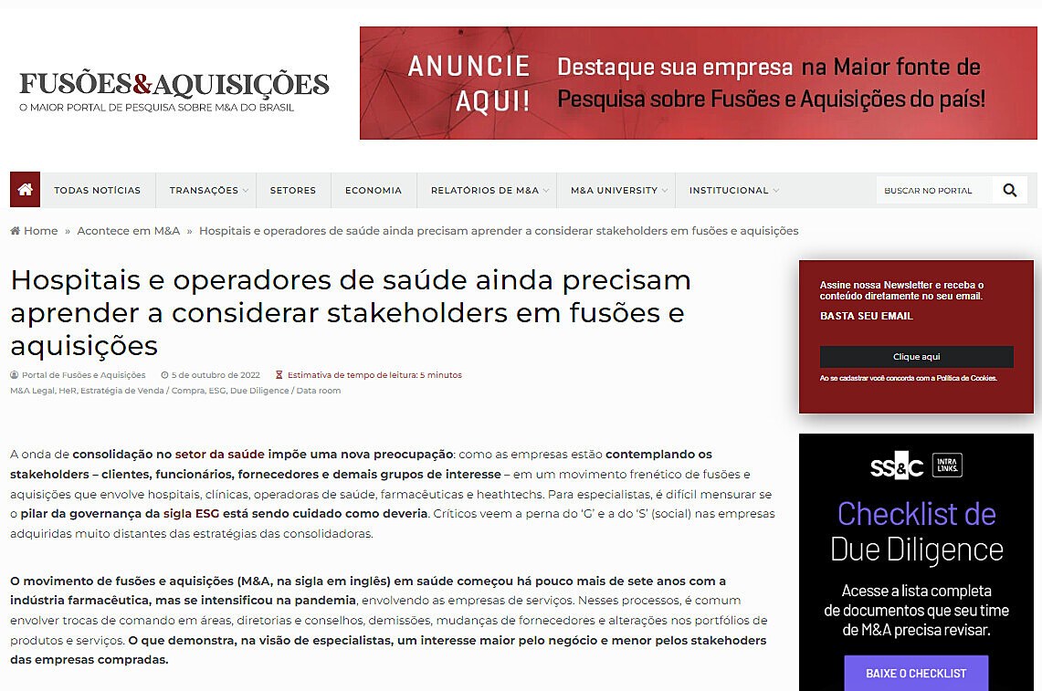 Hospitais e operadores de sade ainda precisam aprender a considerar stakeholders em fuses e aquisies
